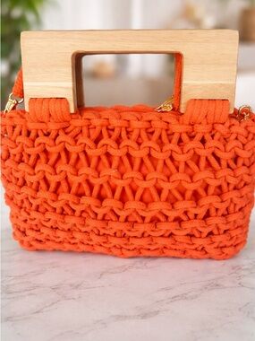Handwoven Orange Mini Bag with Wooden Top Handles